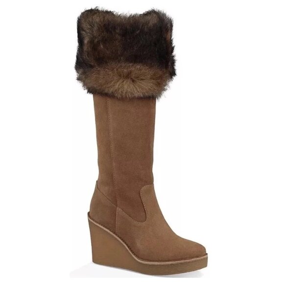 $400 UGG Australia Valberg Chestnut Suede Fur Cuff Wedge Riding Boots 6 (TPO8) - Picture 1 of 8